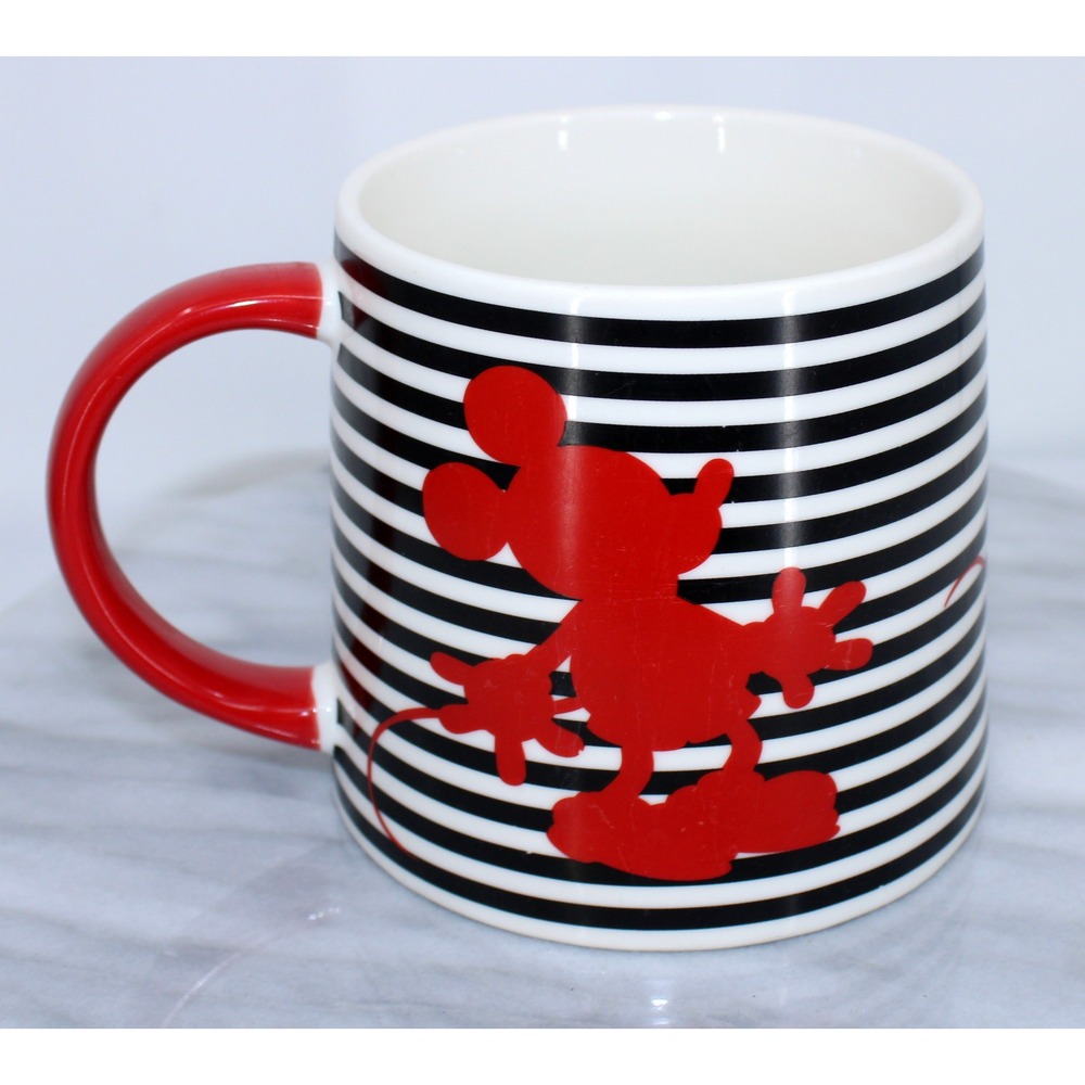 Disney Mickey Mouse Black White Stripe Red Silhouette Coffee Mug Cup 26oz